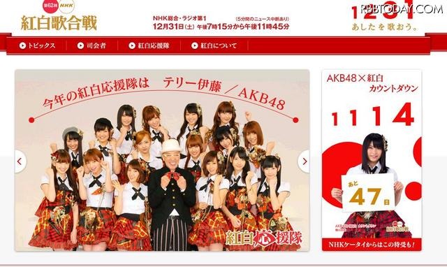「第62回NHK紅白歌合戦」公式HPトップ。AKB48メンバーによるカウントダウンも行われている