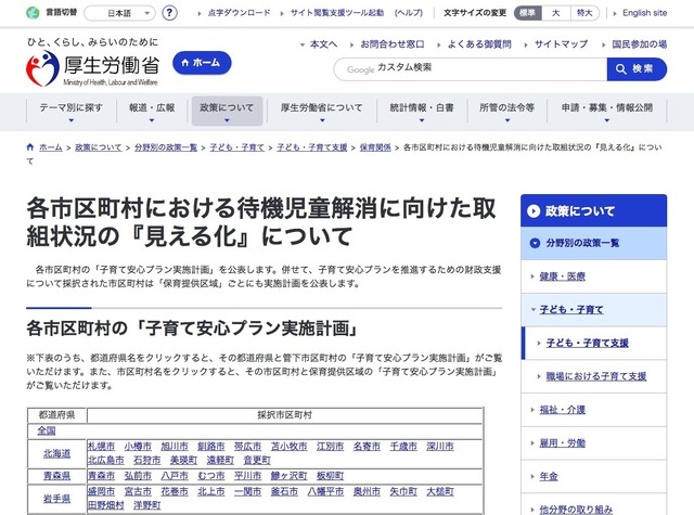 厚生労働省　各市区町村における待機児童解消に向けた取組状況の「見える化」について