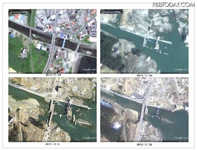 南三陸町南部に掛かる橋（左上より、震災前、震災直後、復興期、最新）