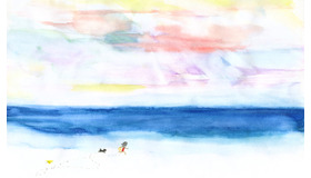 海辺を走る少女と子犬・いわさきちひろ・1973年