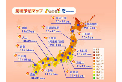 2017年の紅葉、東北から九州の見頃は平年並み…日光いろは坂10/20・京都嵐山11/20ごろ 画像