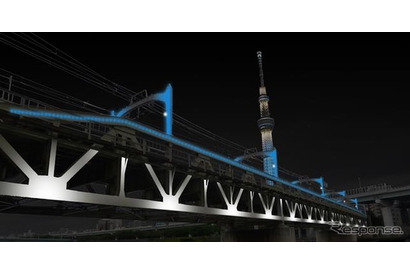 東武鉄道、浅草-スカイツリー間の隅田川橋りょうをライトアップ 画像