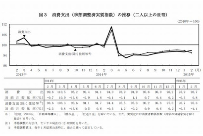 2月の消費支出は11か月連続の減少…教育費は4か月ぶり減少 画像