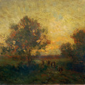 テオドール・ルソー《バルビゾン、夕暮れの牧草地》1840年頃　油彩、パネル　11.5×20cm　個人蔵　Collection privee「画像写真の無断転載を禁じます」