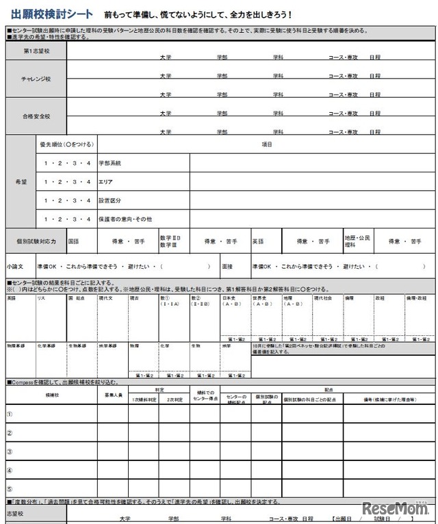 出願校検討シート