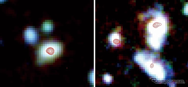 すばる望遠鏡の観測（カラー画像）により明らかになった、暗いアルマ天体（赤等高線）の正体