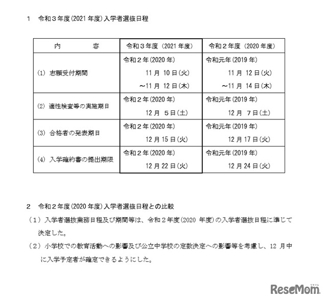 2021年度　長野県立中学校入学者選抜日程