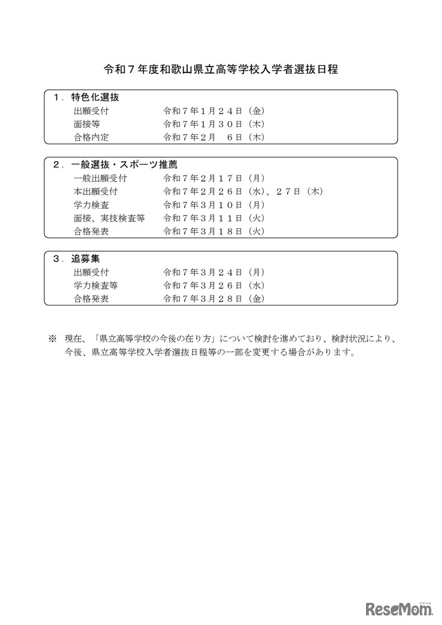 令和7年度和歌山県立高等学校入学者選抜日程