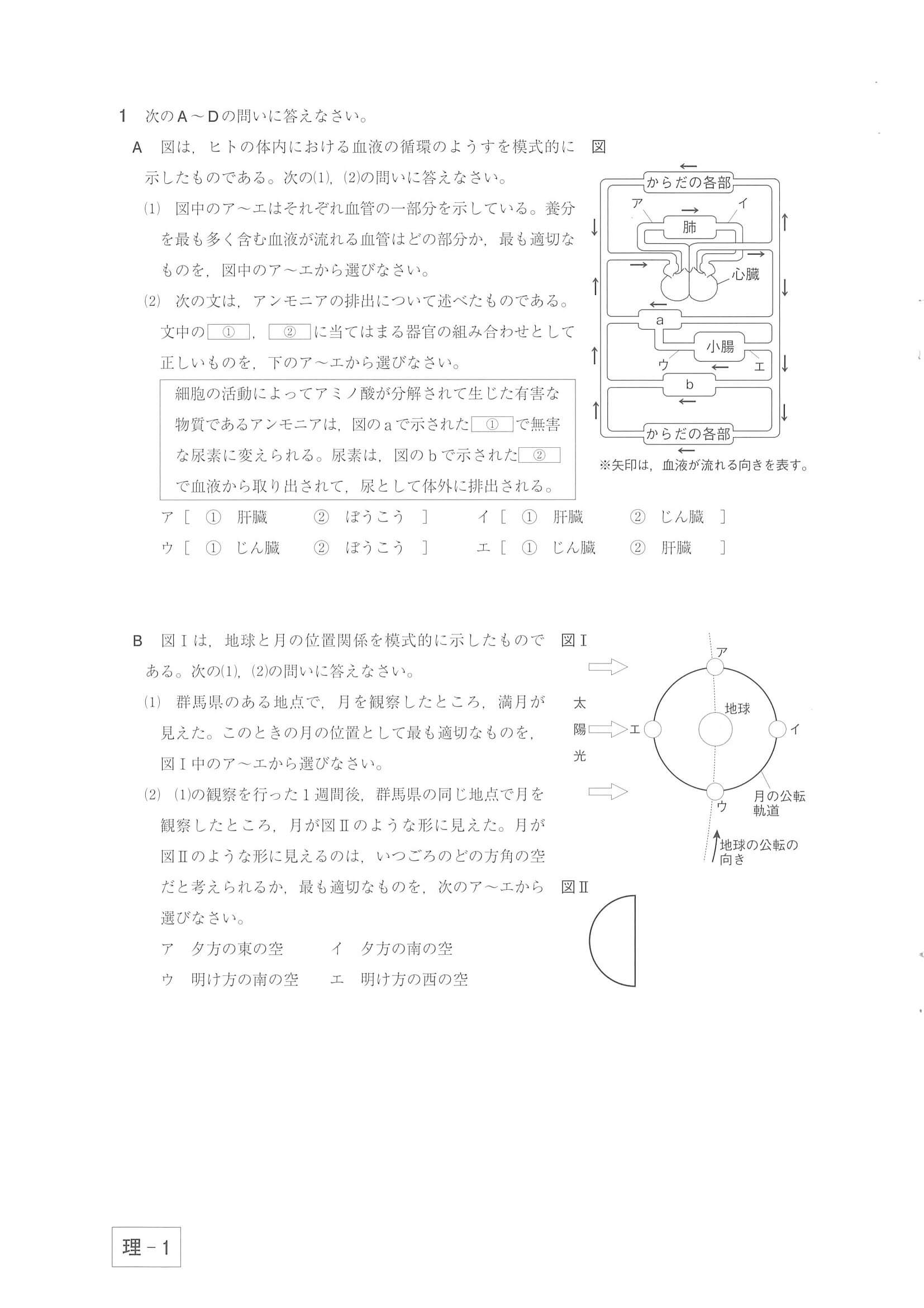 2021年度 群馬県公立高校入試（後期選抜 理科・問題）1/10