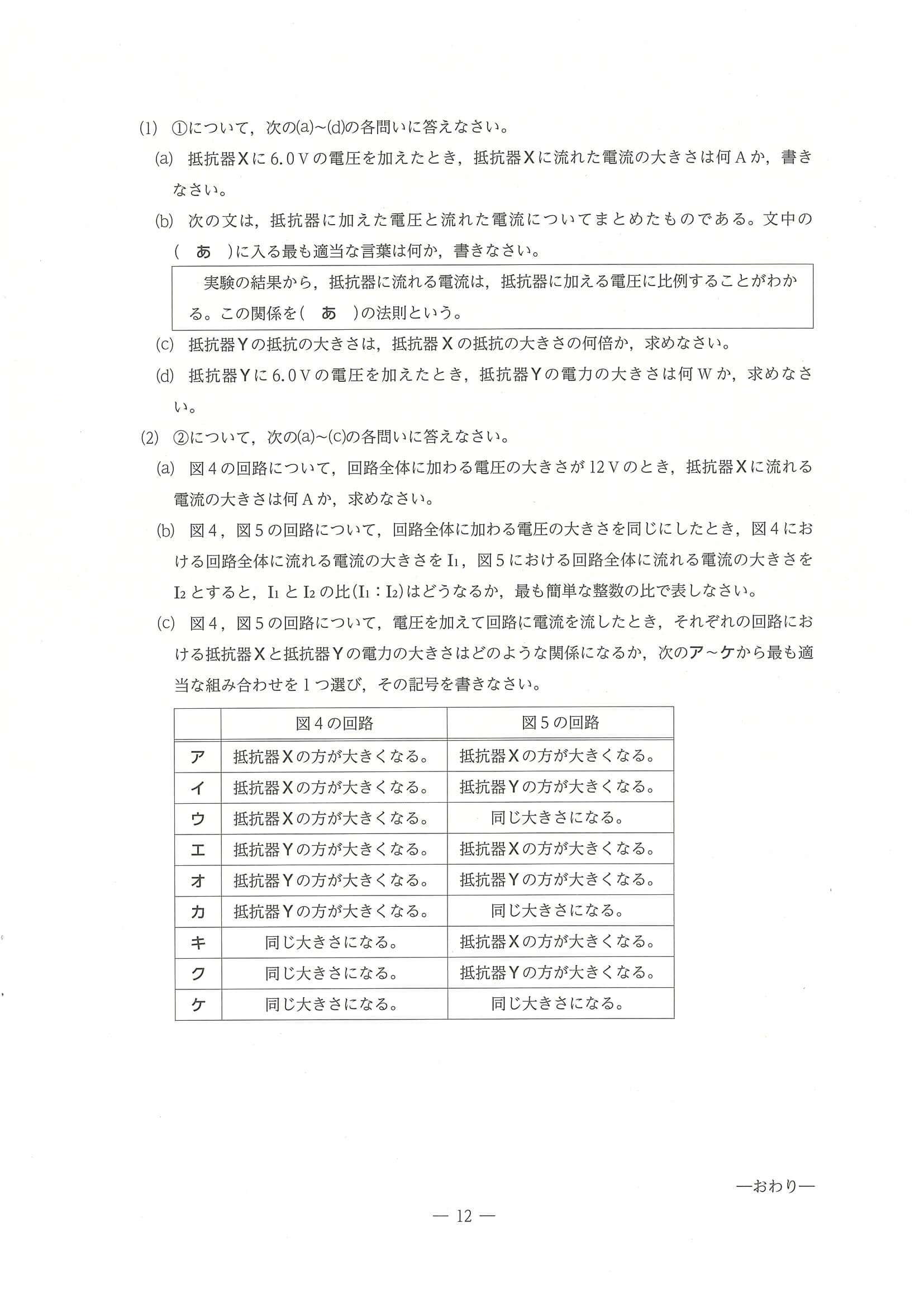 2024年度 三重県公立高校入試（標準問題 理科・問題）12/12