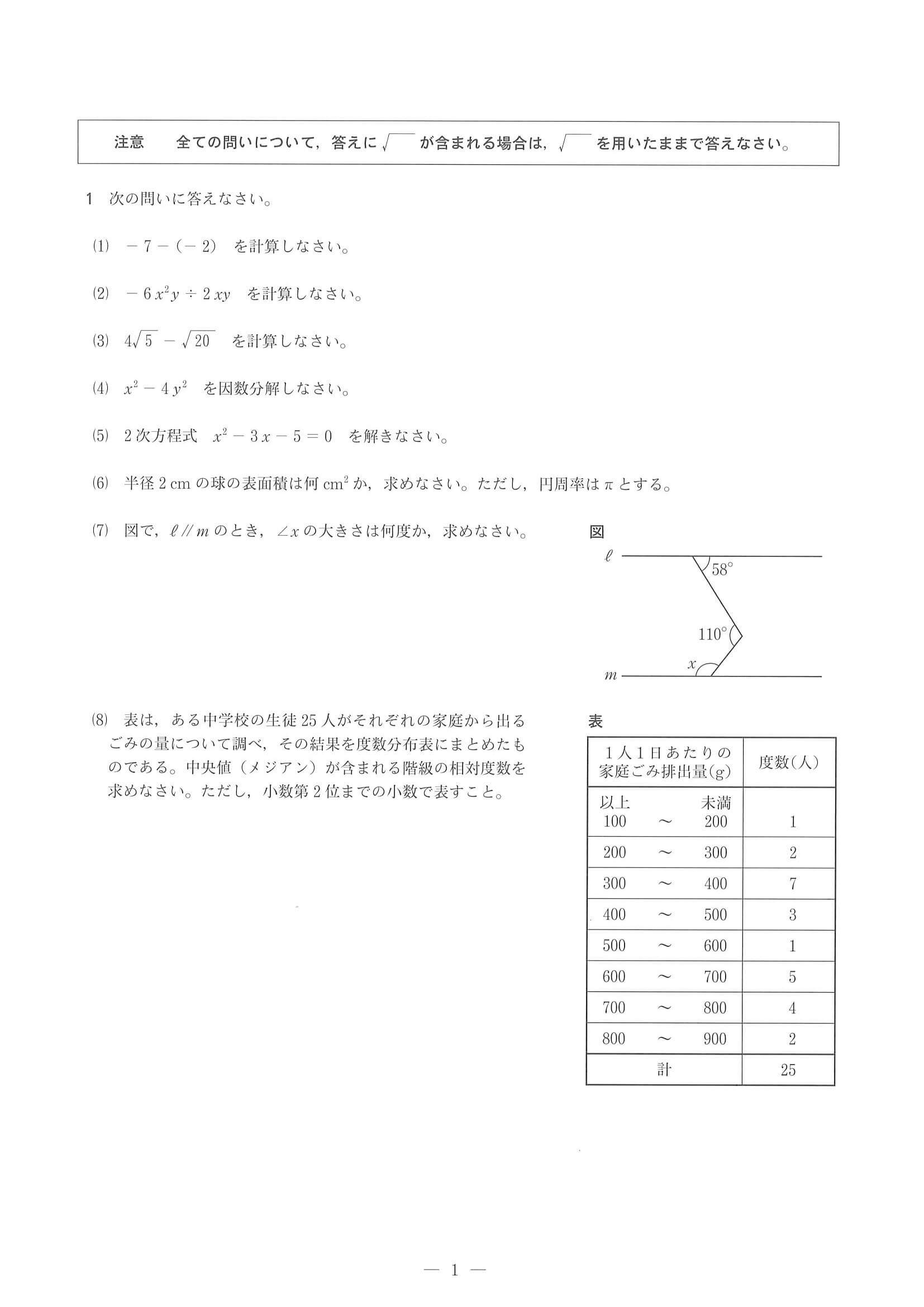 2021年度 兵庫県公立高校入試（標準問題 数学・問題）1/7