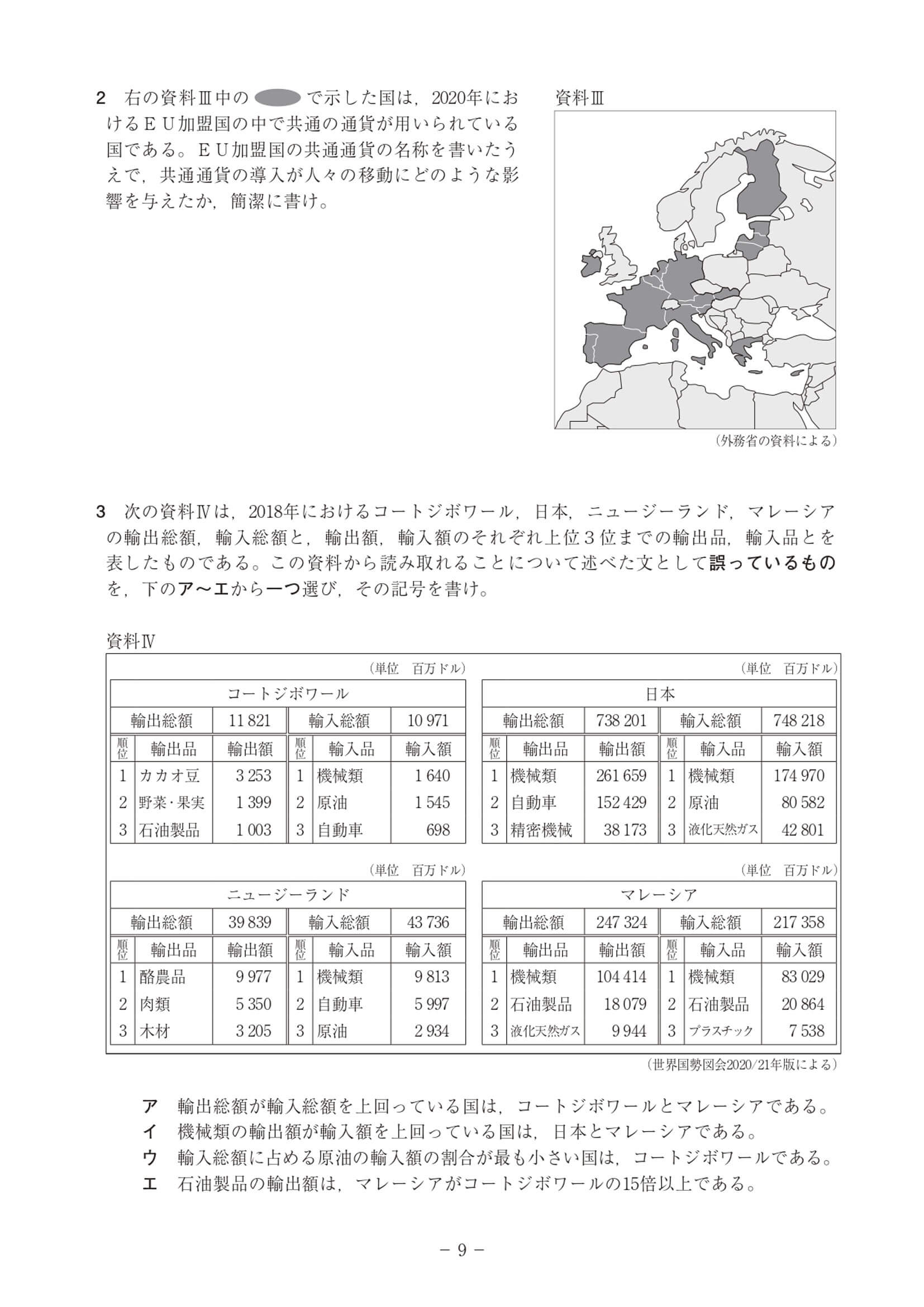 2021年度 高知県公立高校入試（A日程 社会・問題）9/11