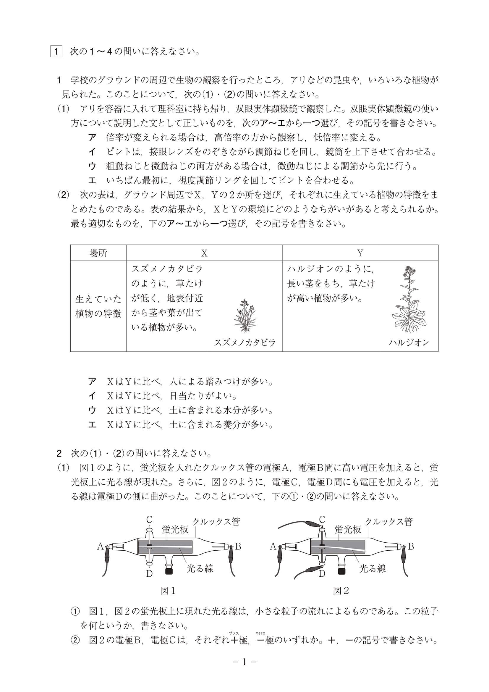 2024年度 高知県公立高校入試（A日程 理科・問題）1/10