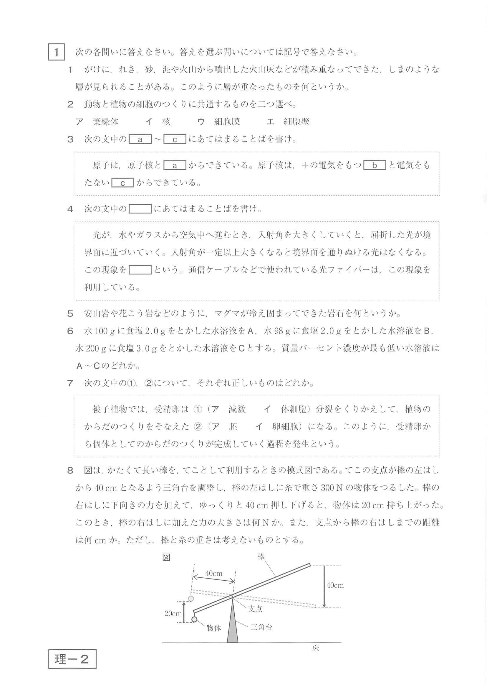 2021年度 鹿児島県公立高校入試（標準問題 理科・問題）1/7