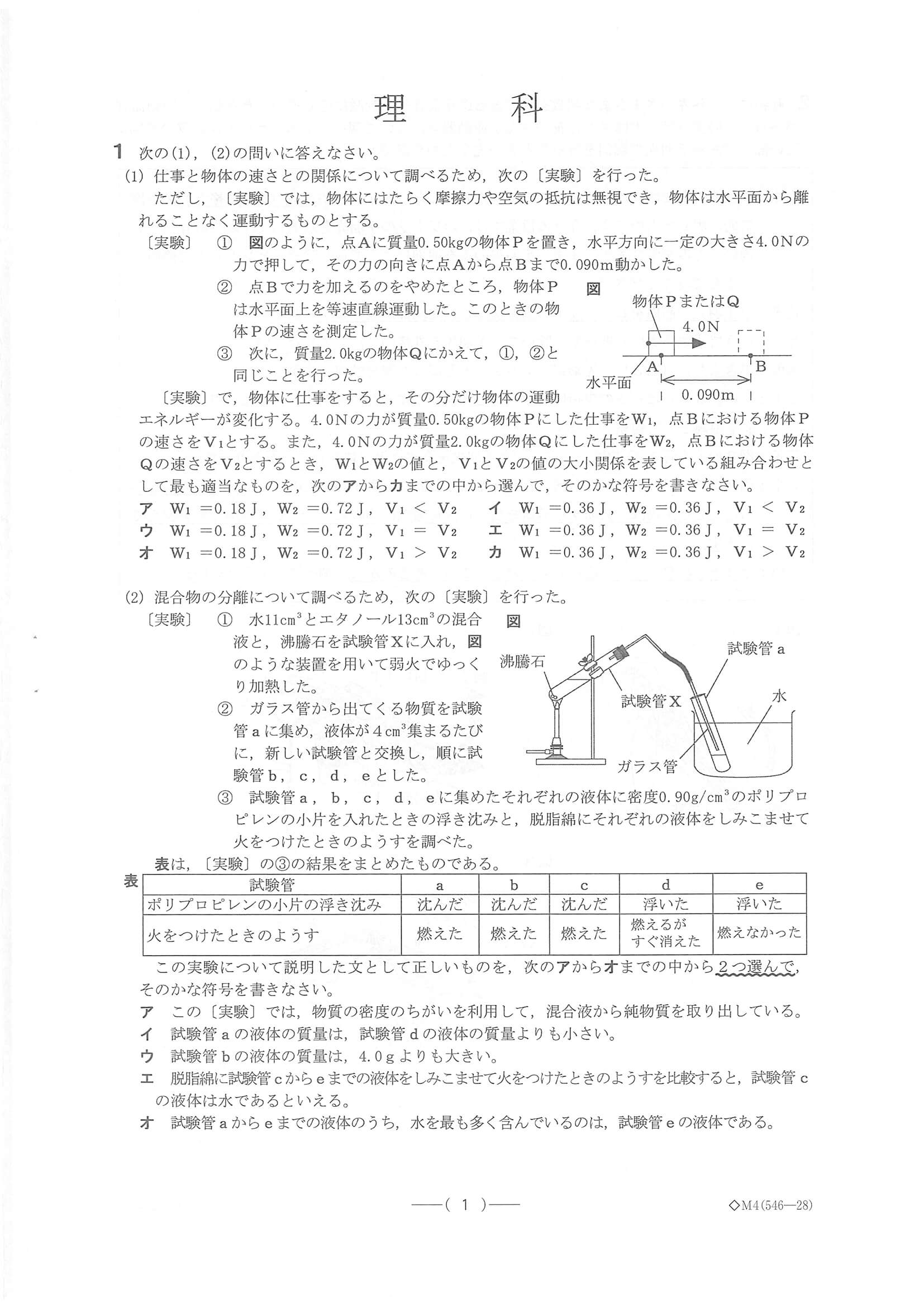 2020年度 愛知県公立高校入試（B日程 理科・問題）1/10