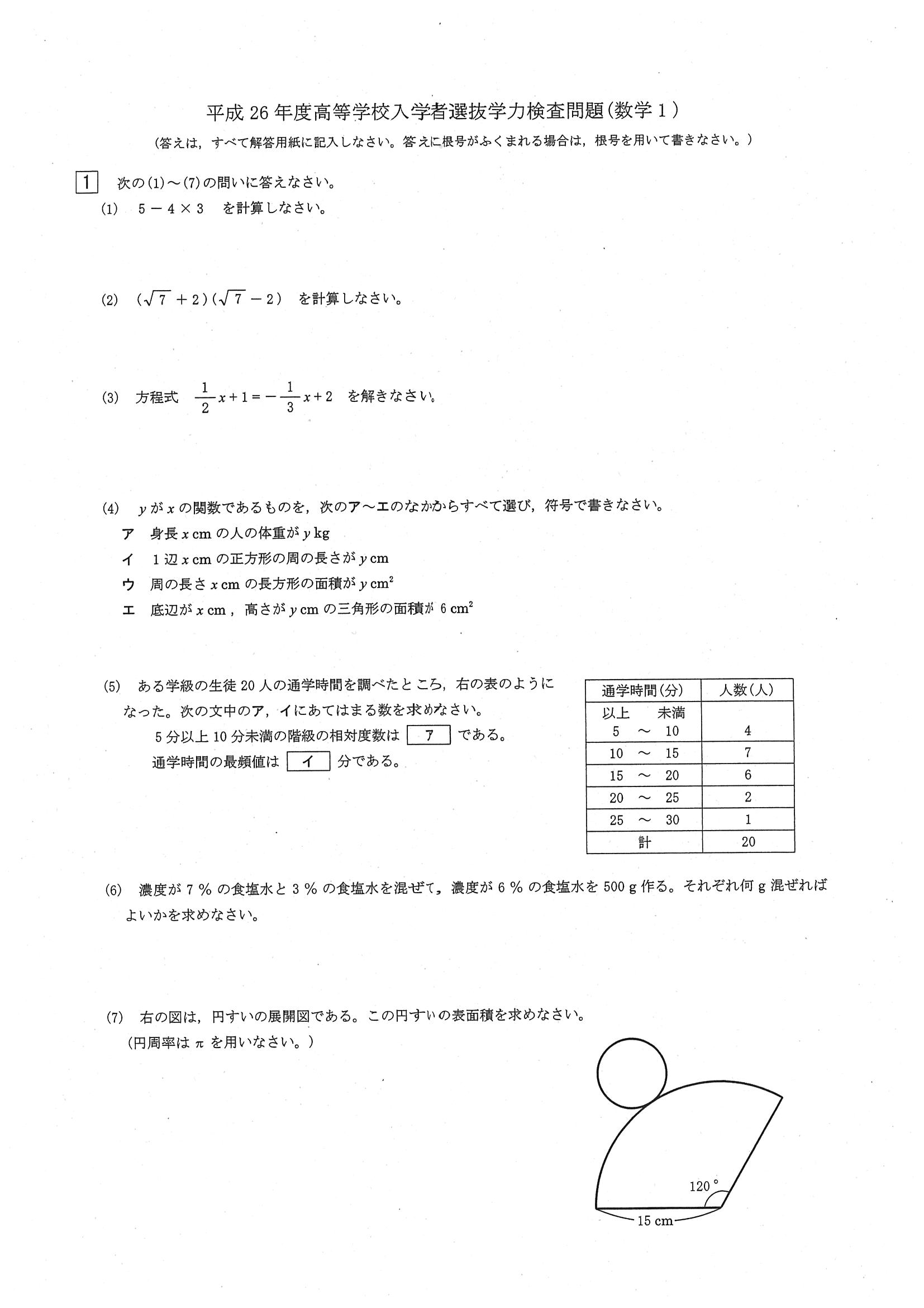 14年度 岐阜県公立高校入試 第二次選抜 数学 問題 1 2