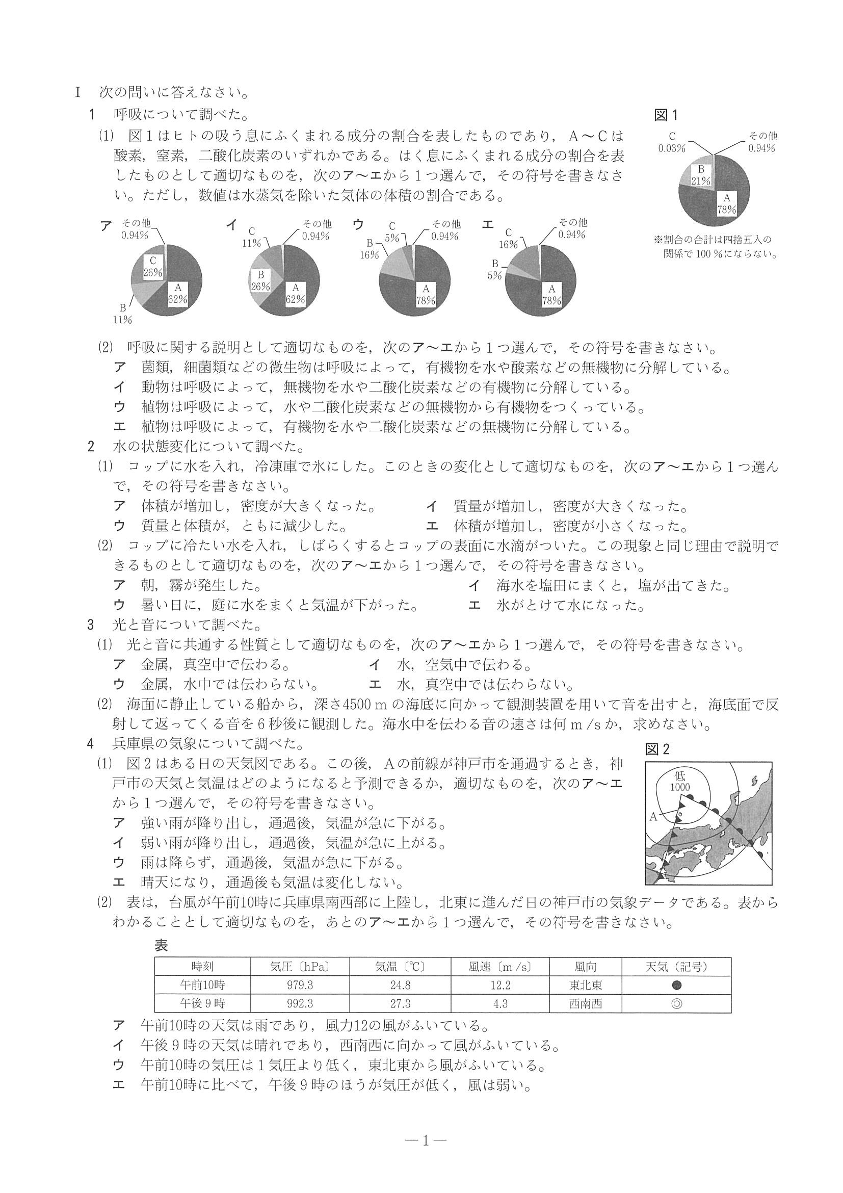 2016年度 兵庫県公立高校入試（理科・問題）1/7