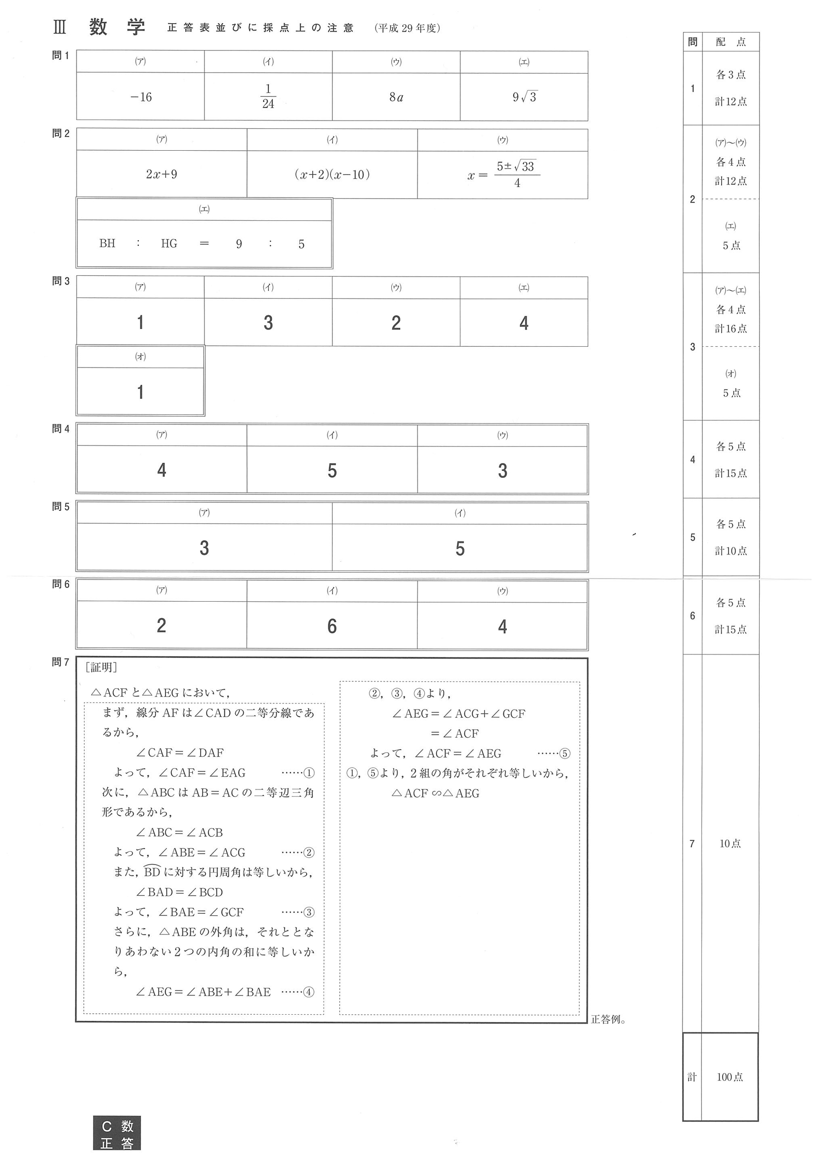2017年度 神奈川県公立高校入試（数学・正答）