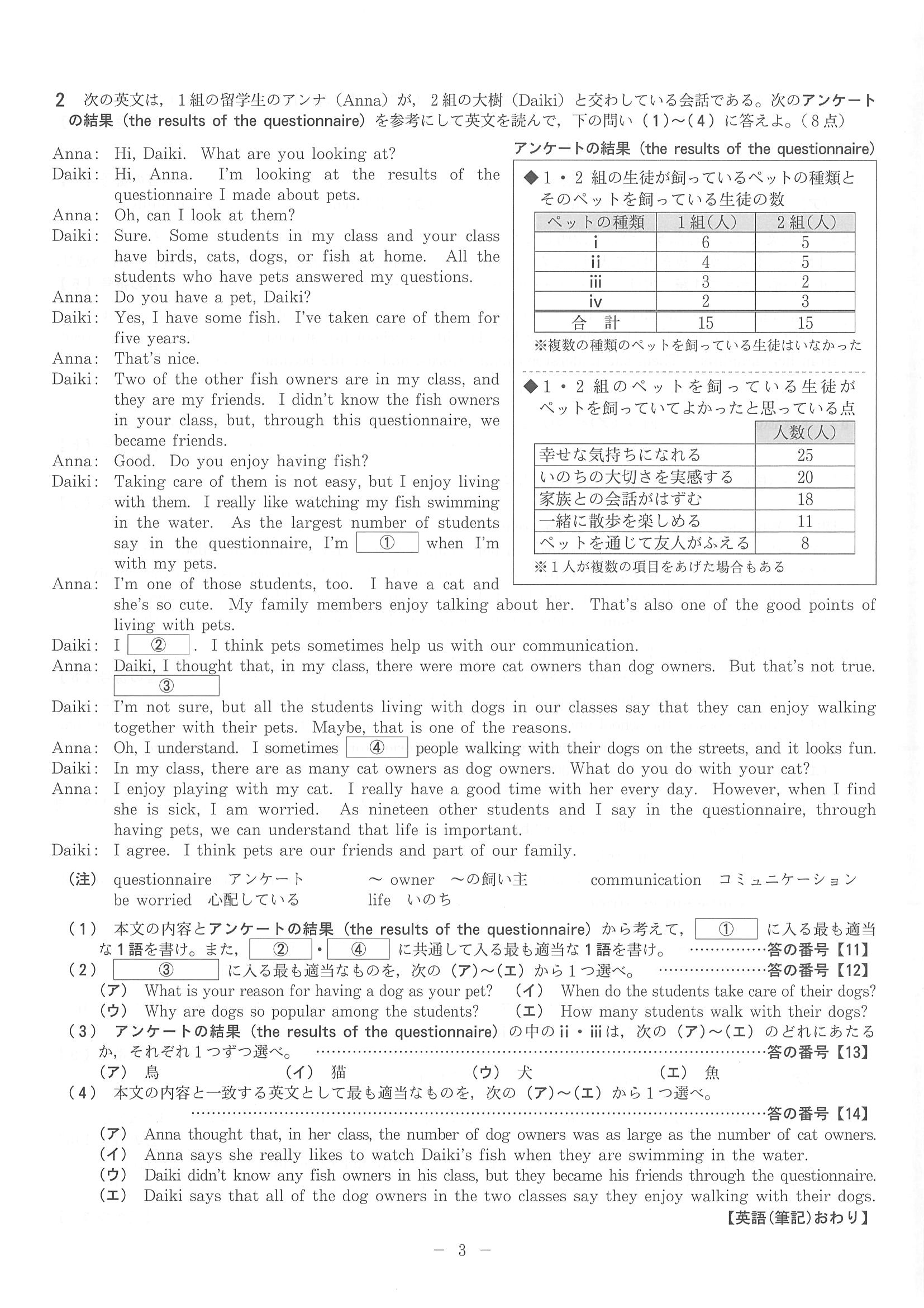 2016年度 京都府公立高校 英語 中期 問題