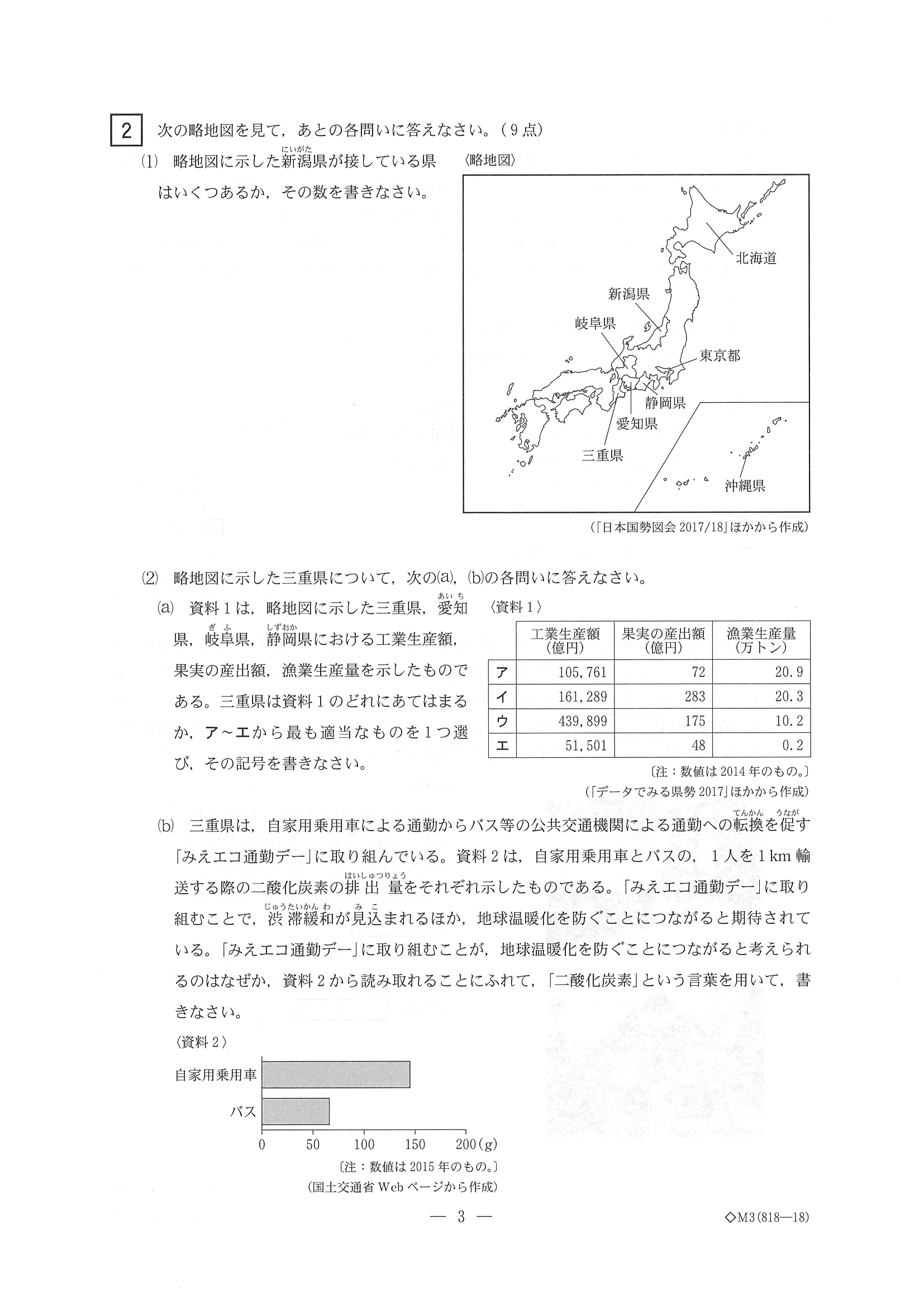 2018年度 三重県公立高校入試（標準問題 社会・問題）3/10