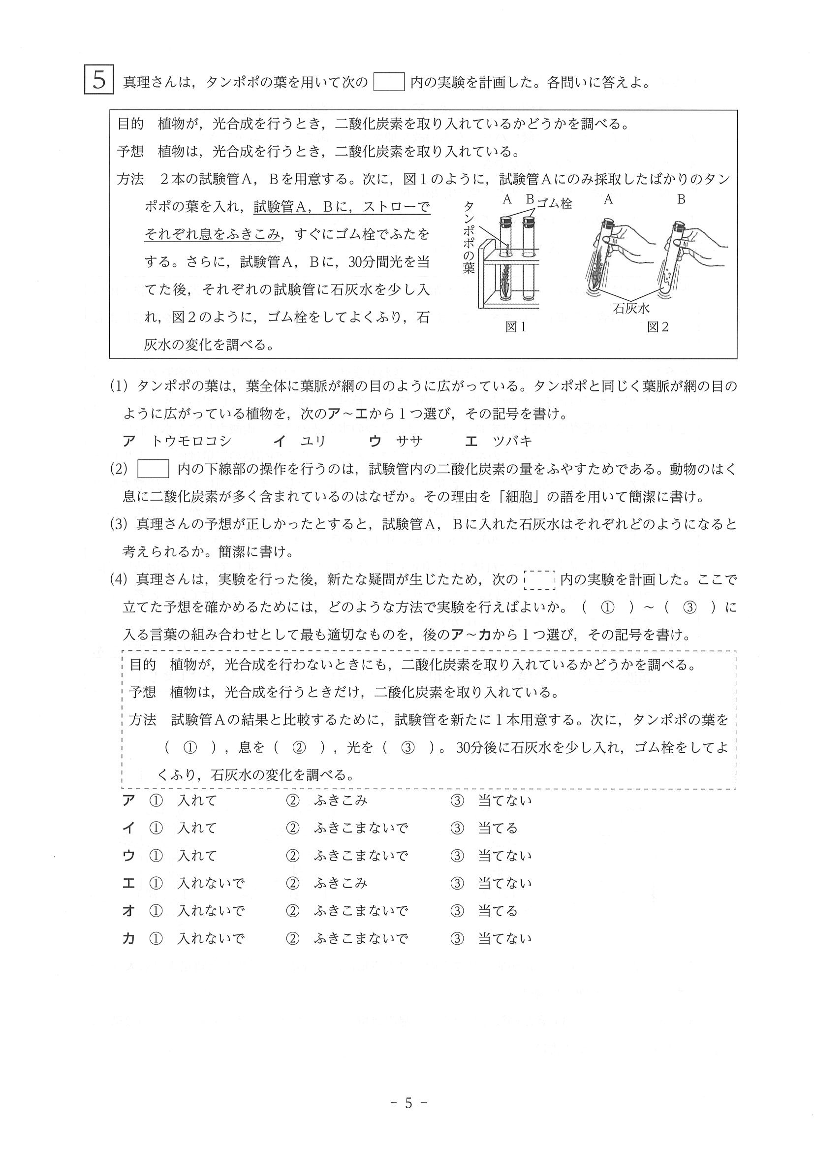 2019年度 奈良県公立高校入試（標準問題 理科・問題）5/6