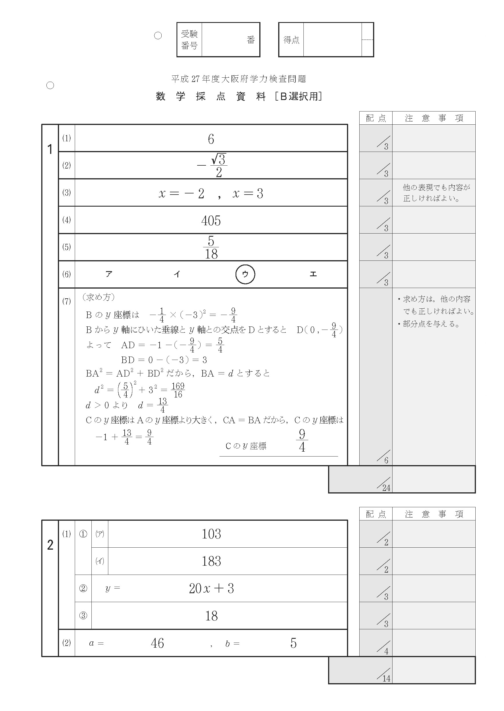 2015年度 大阪府公立高校入試（数学 後期 B選択・正答）1/2