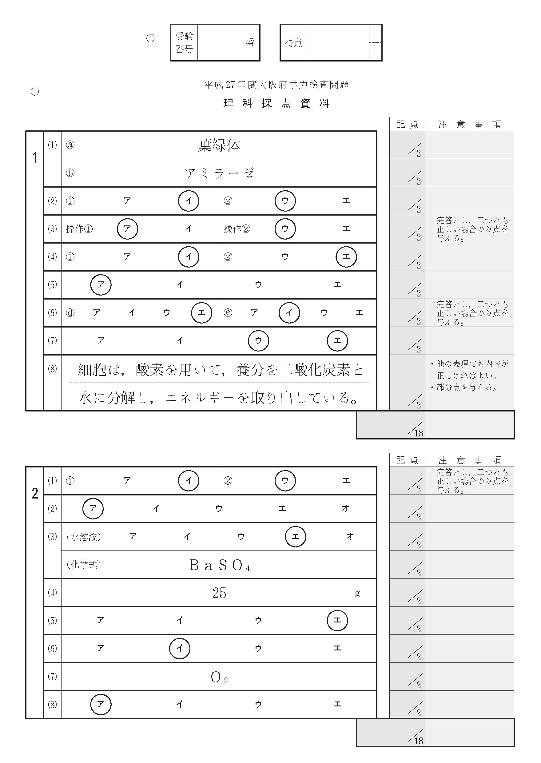 2015年度 大阪府公立高校 理科 後期 正答