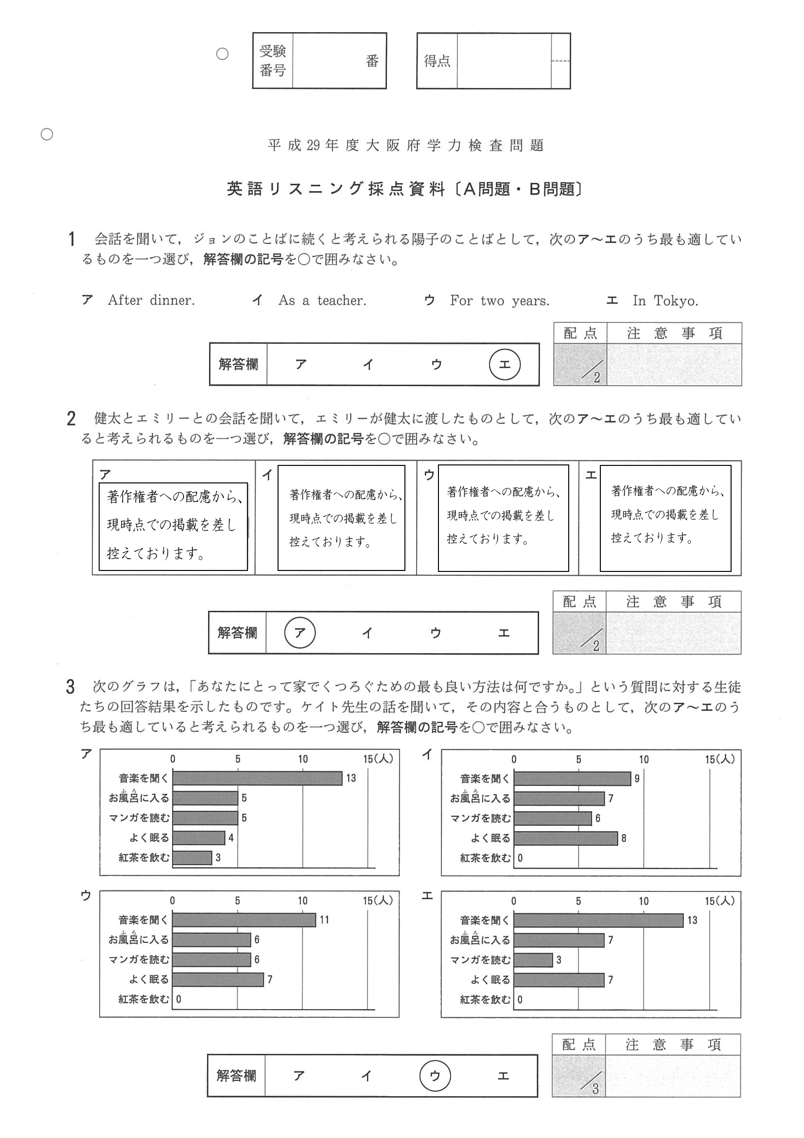 2017年度 大阪府公立高校入試（英語 リスニング・正答）1/2