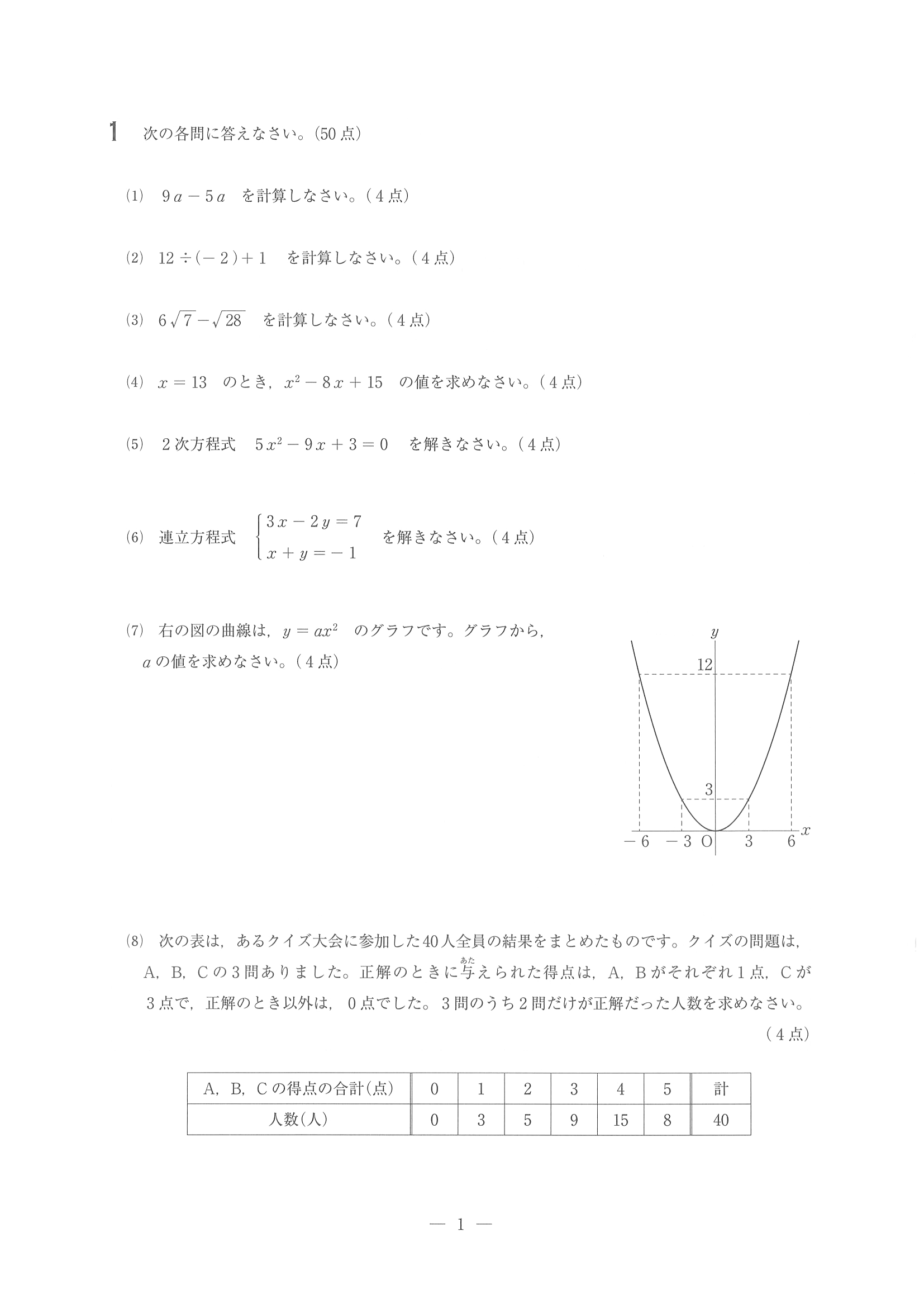 2014年度 埼玉県公立高校入試（数学・問題）1/6