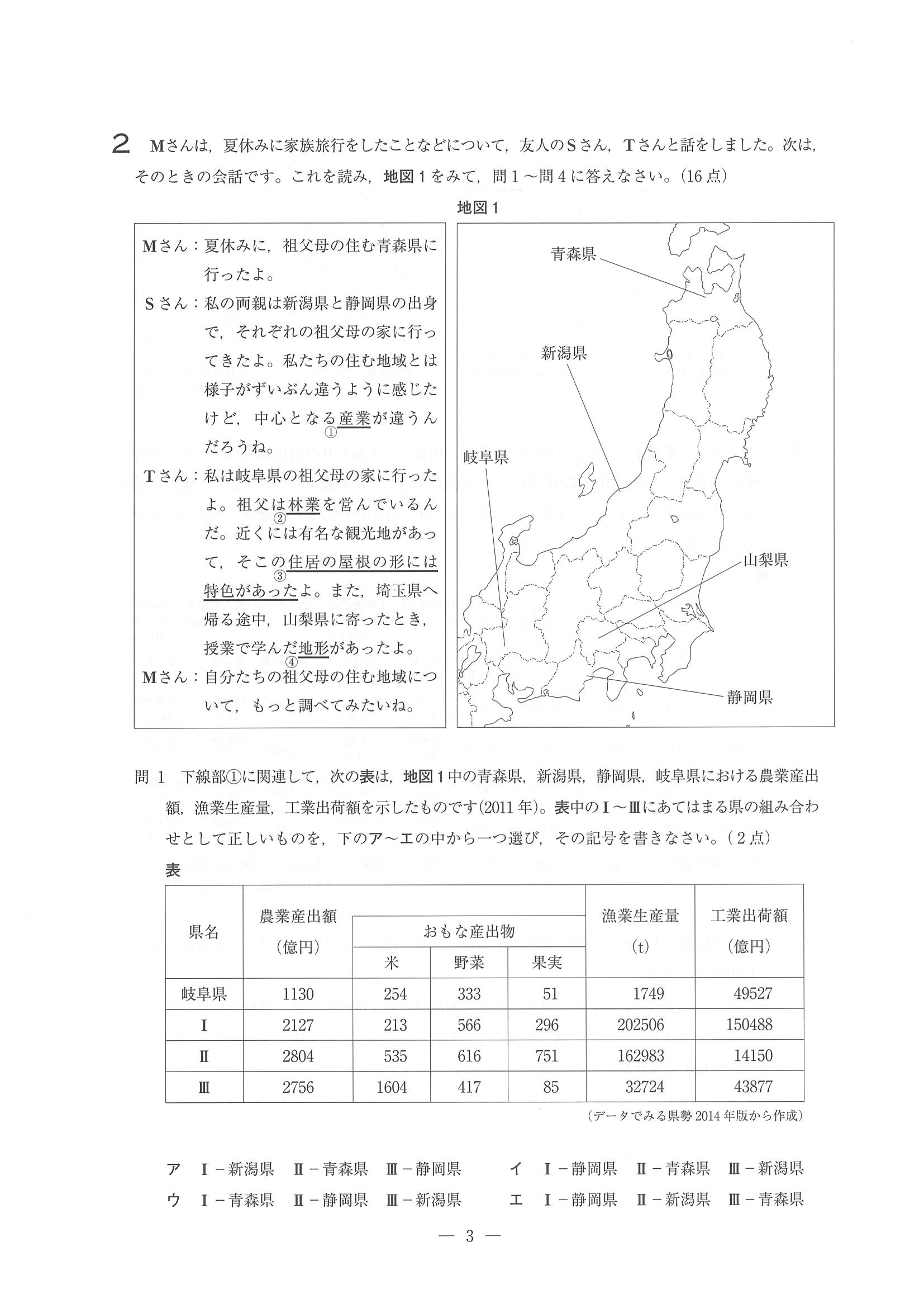 2015年度 埼玉県公立高校入試（社会・問題）3/14