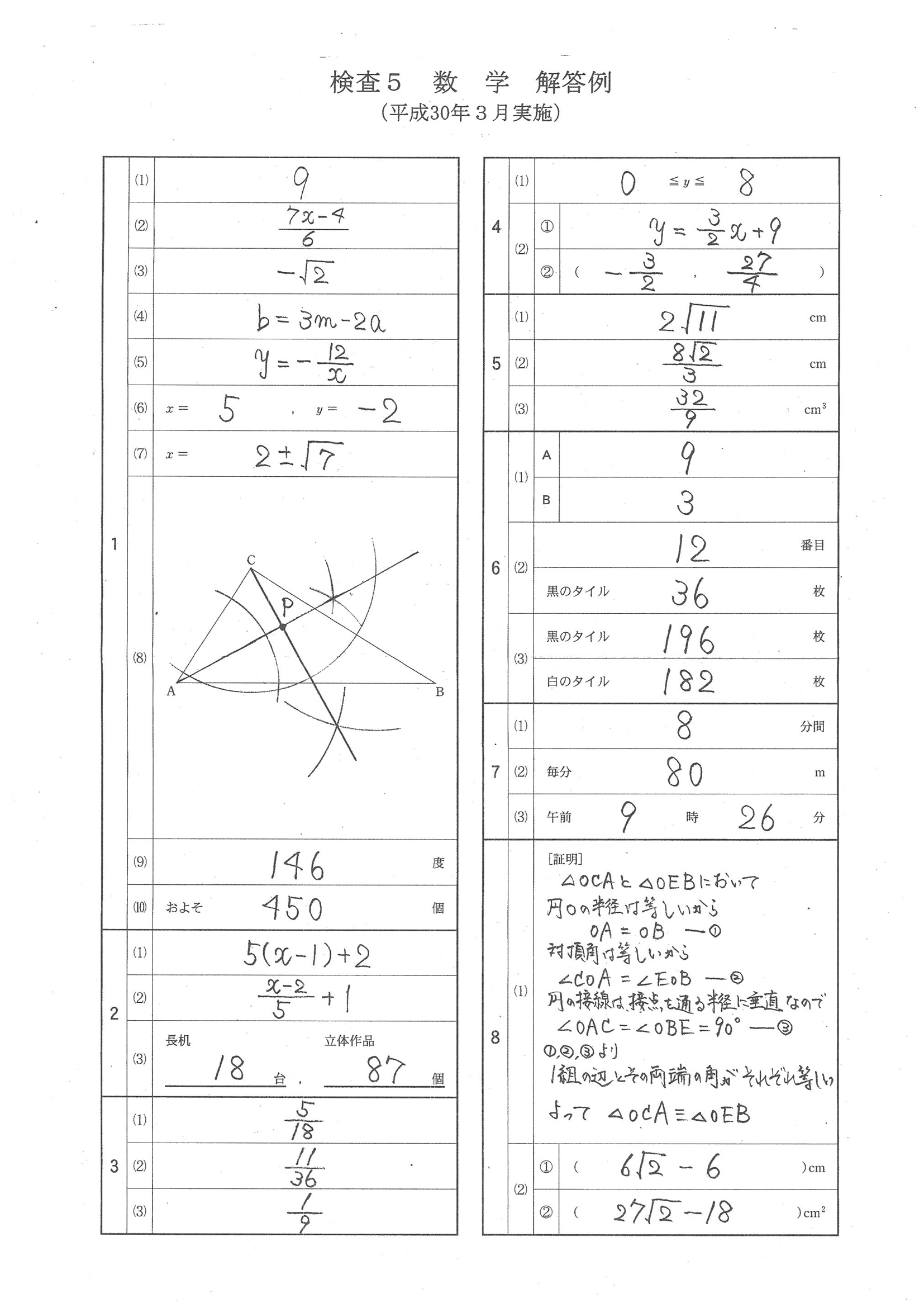 2018年度 富山県公立高校入試（標準問題 数学・正答）