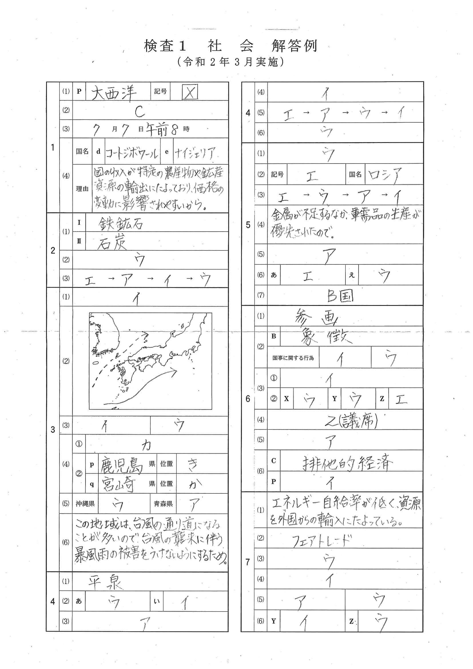 2020年度 富山県公立高校入試（標準問題 社会・正答）