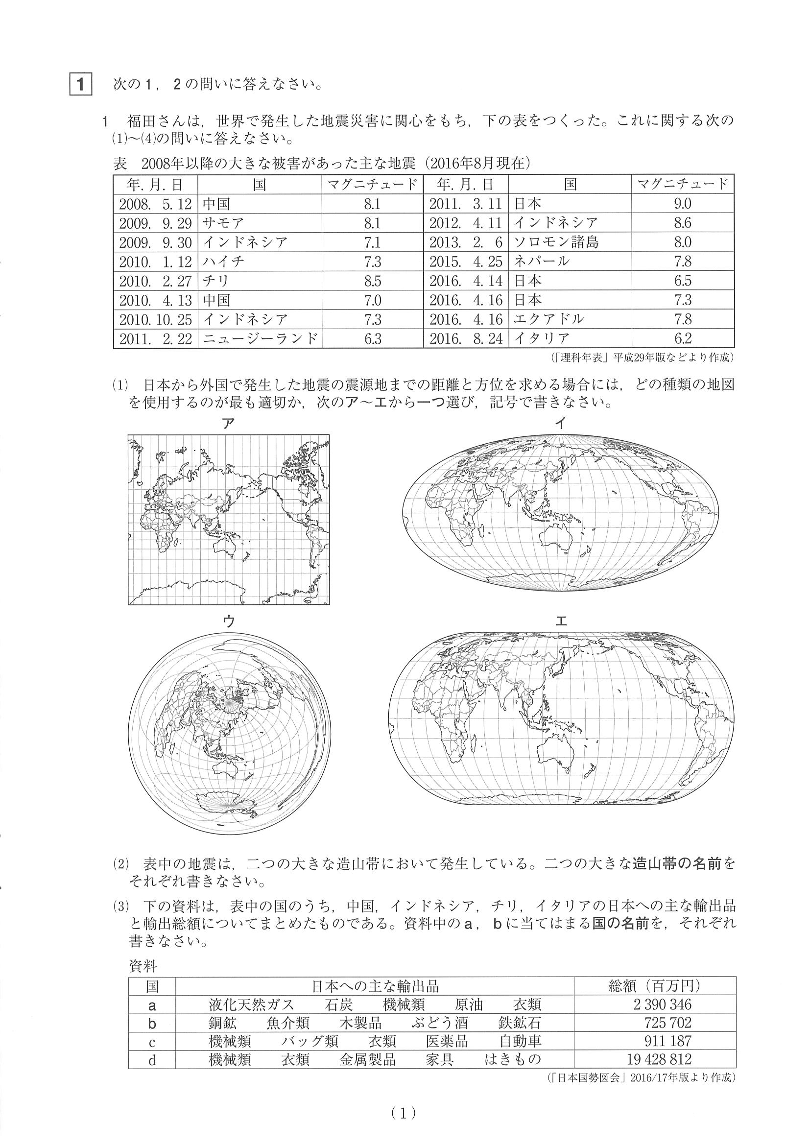 2017年度 山梨県公立高校入試（社会・問題）1/9