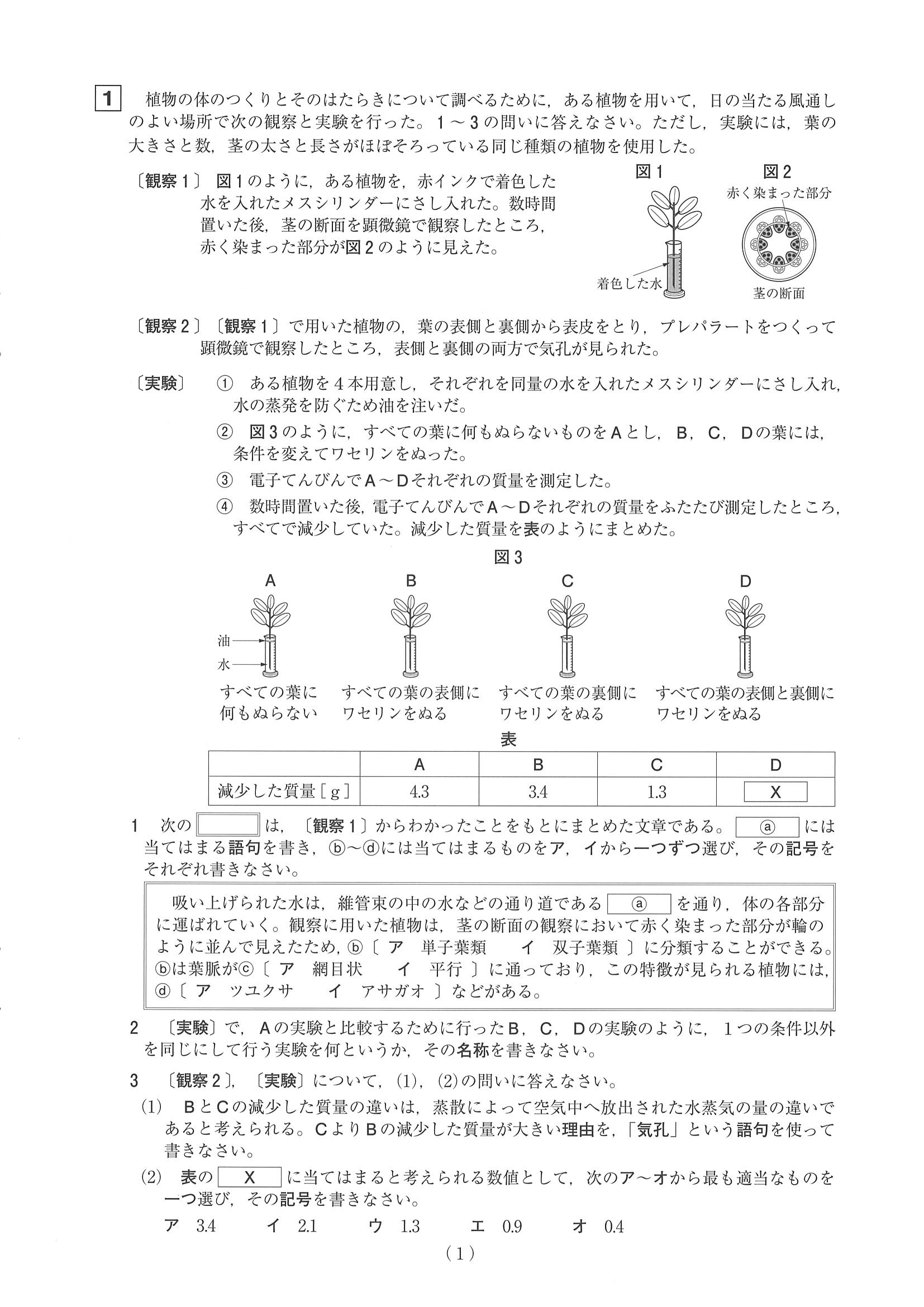 2019年度 山梨県公立高校入試（標準問題 理科・問題）1/8