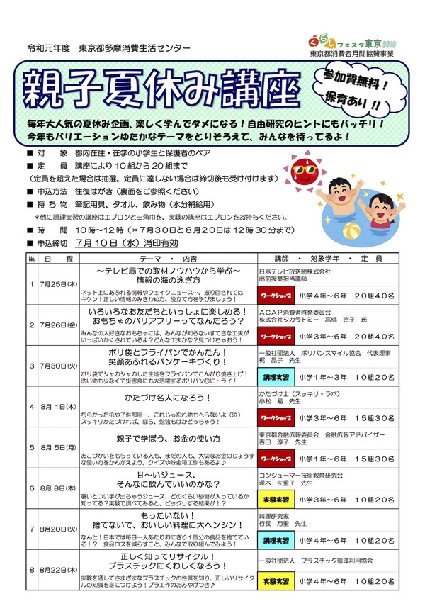 夏休み19 多摩消費生活センター 親子夏休み講座 全8テーマ リセマム