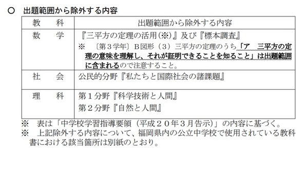 【高校受験2021】福岡県立高校入試、学力検査の出題範囲を一部除外