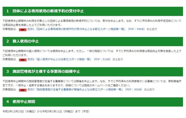 東京都、スポーツ施設を1/11まで一部利用中止