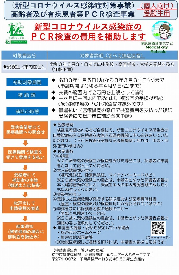 千葉県松戸市、受験生をPCR検査費用助成対象に