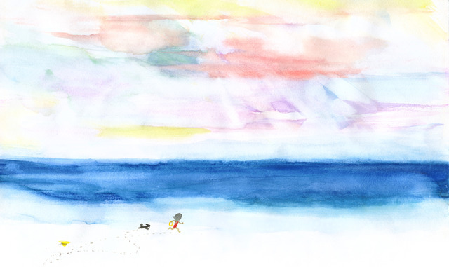 海辺を走る少女と子犬・いわさきちひろ・1973年