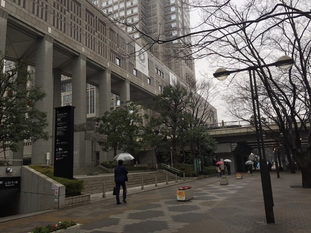 2月9日午後2時10分ごろ　雨やみぞれが降る都庁前のようす