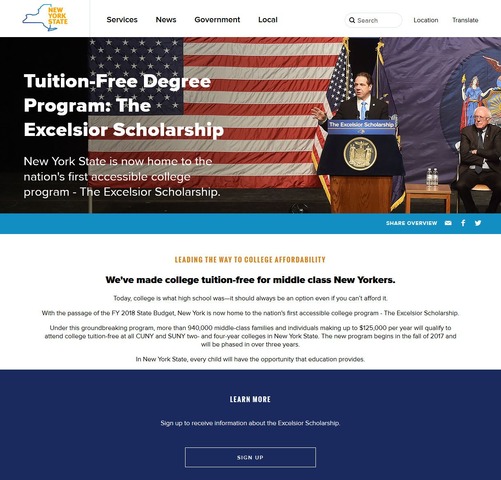 The official website of New York State　「Tuition-Free Degree Program: The Excelsior Scholarship」
