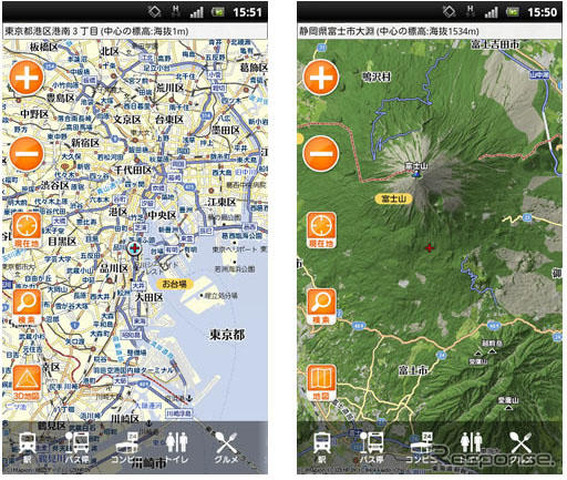 地図マピオン、地図面が拡大し、3D表示も可能となった