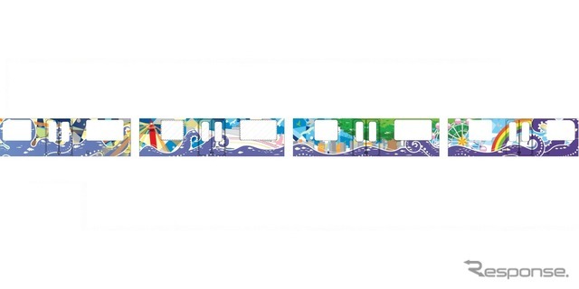 200系第17編成に施される車体イメージ。上田学園大阪総合デザイン専門学校のチーム「えぶりでぃ」が制作した。デザインコンセプトは「活気のある街と自然が解け合う南港」「朝～夜への時間の流れやタコから波への変化」。