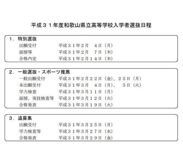 平成31年度和歌山県立高等学校入学者選抜日程