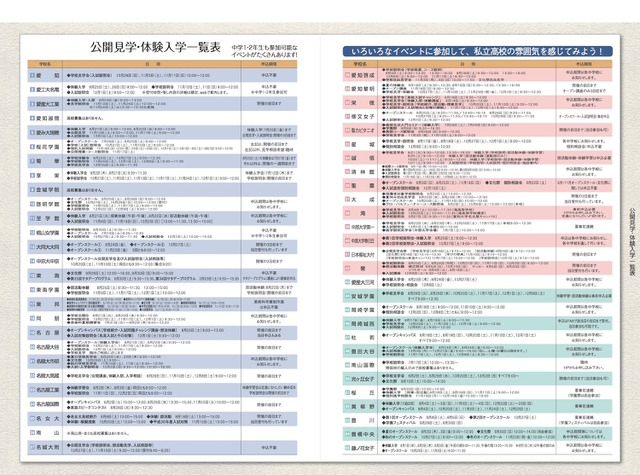 愛知県　私立高等学校公開見学・体験入学一覧表