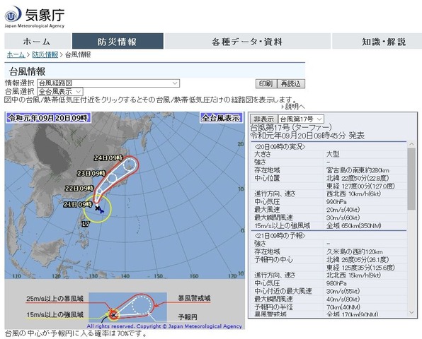 台風17号の経路（2019年9月20日午前9時45分発表）