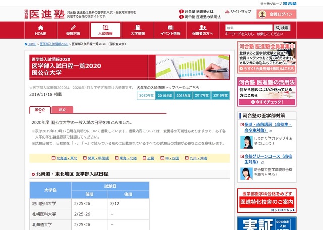 医学部入試日程一覧2020国公立大学