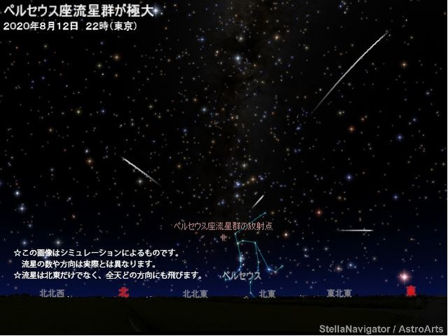 ペルセウス座流星群が極大 2020年8月12日22時 東京　（c） アストロアーツ