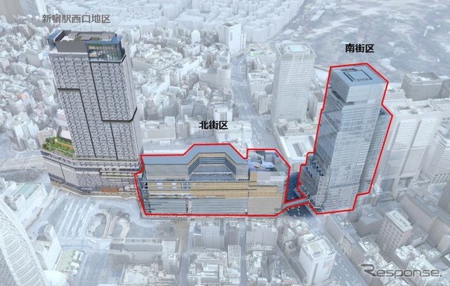 新宿駅西南口再開発位置を示す俯瞰イメージ。