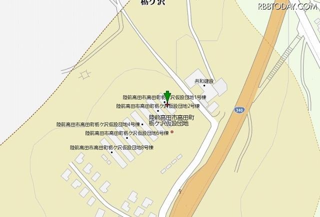 地図上の表示例（陸前高田市高田町栃ケ沢仮設団地1号棟）